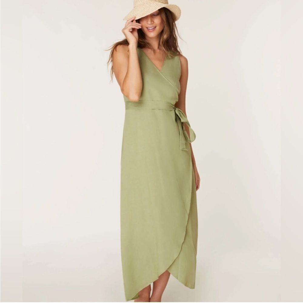 Andie Armona Ivy Green Sleeveless Wrap Linen Rayon Maxi Dress Sz M NWT